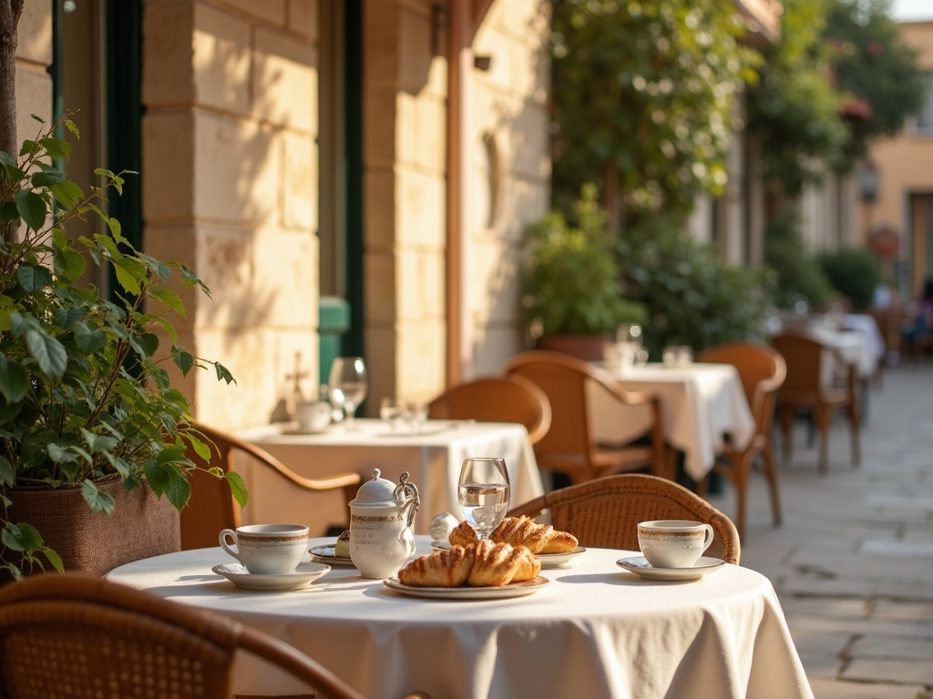 A cafe terrace with bistro tables and pastries on a leafy Jerusalem street