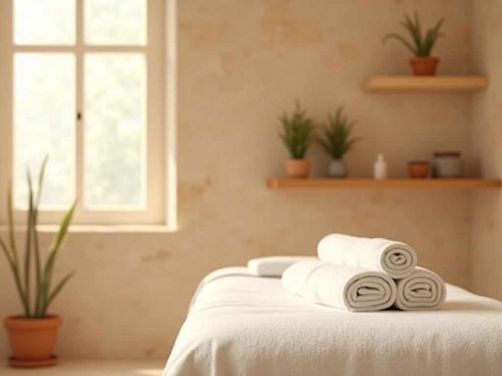 A calm physiotherapy treatment room with folded towels in warm morning light