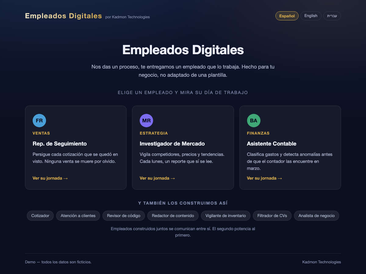 Live demo: digital employees — bookkeeping assistant, follow-up rep, market researcher