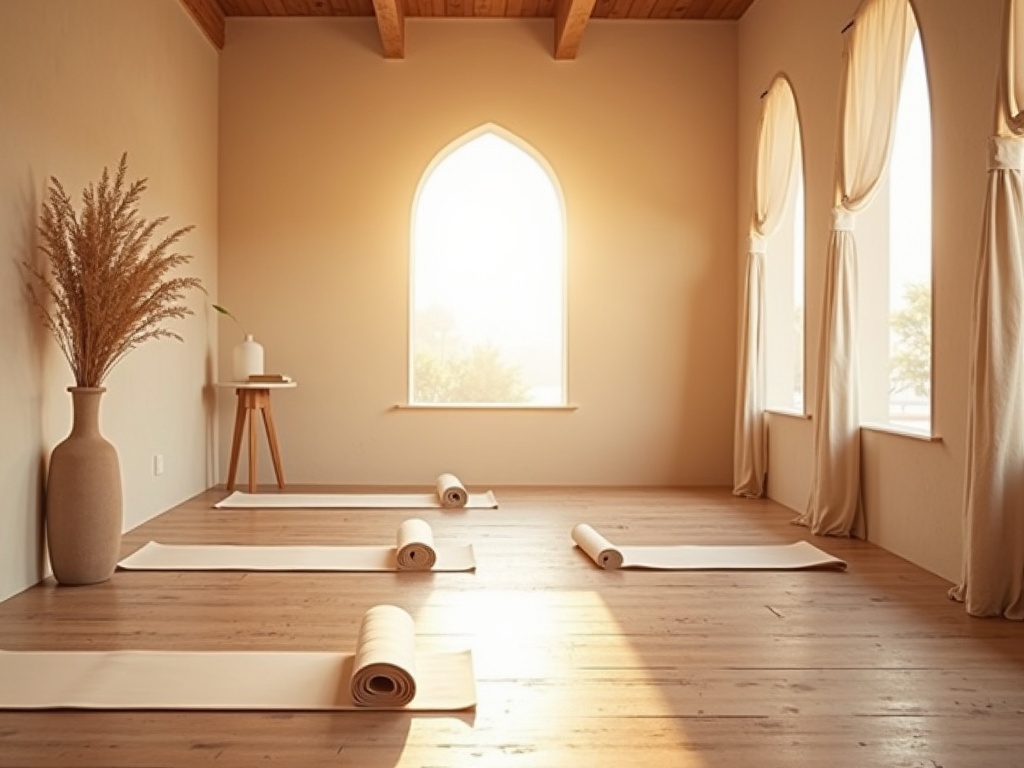 A serene yoga studio with rolled mats and an arched window in soft light